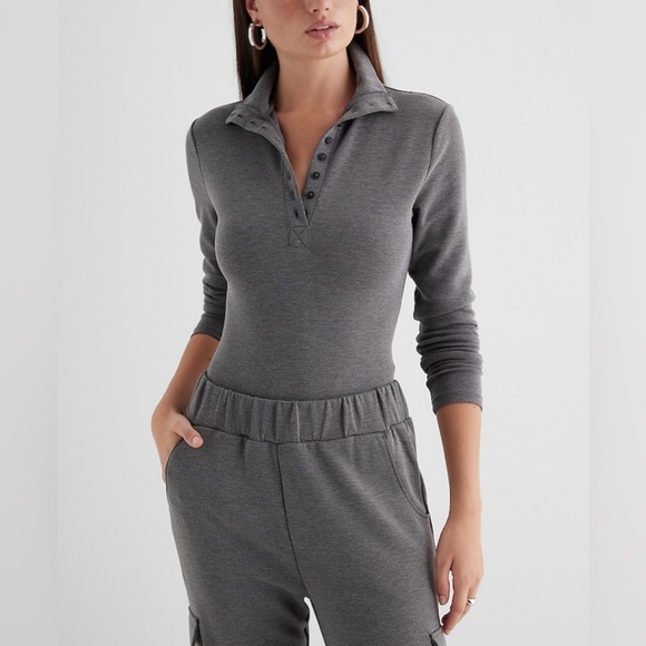 NWOT Express Body Contour Luxe Lounge Long Sleeve Henley Bodysuit Grey Small - Picture 5 of 10